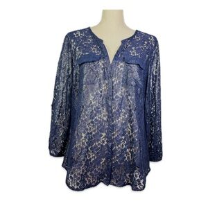 New York & Company NWT Lace Blouse Women’s Size L Navy Blue Shimmer